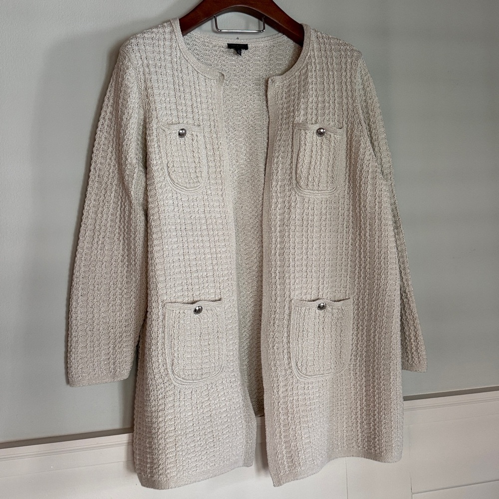 Talbots plus open front classic knit cotton cardigan sweater with silver buttons - Picture 2 of 9